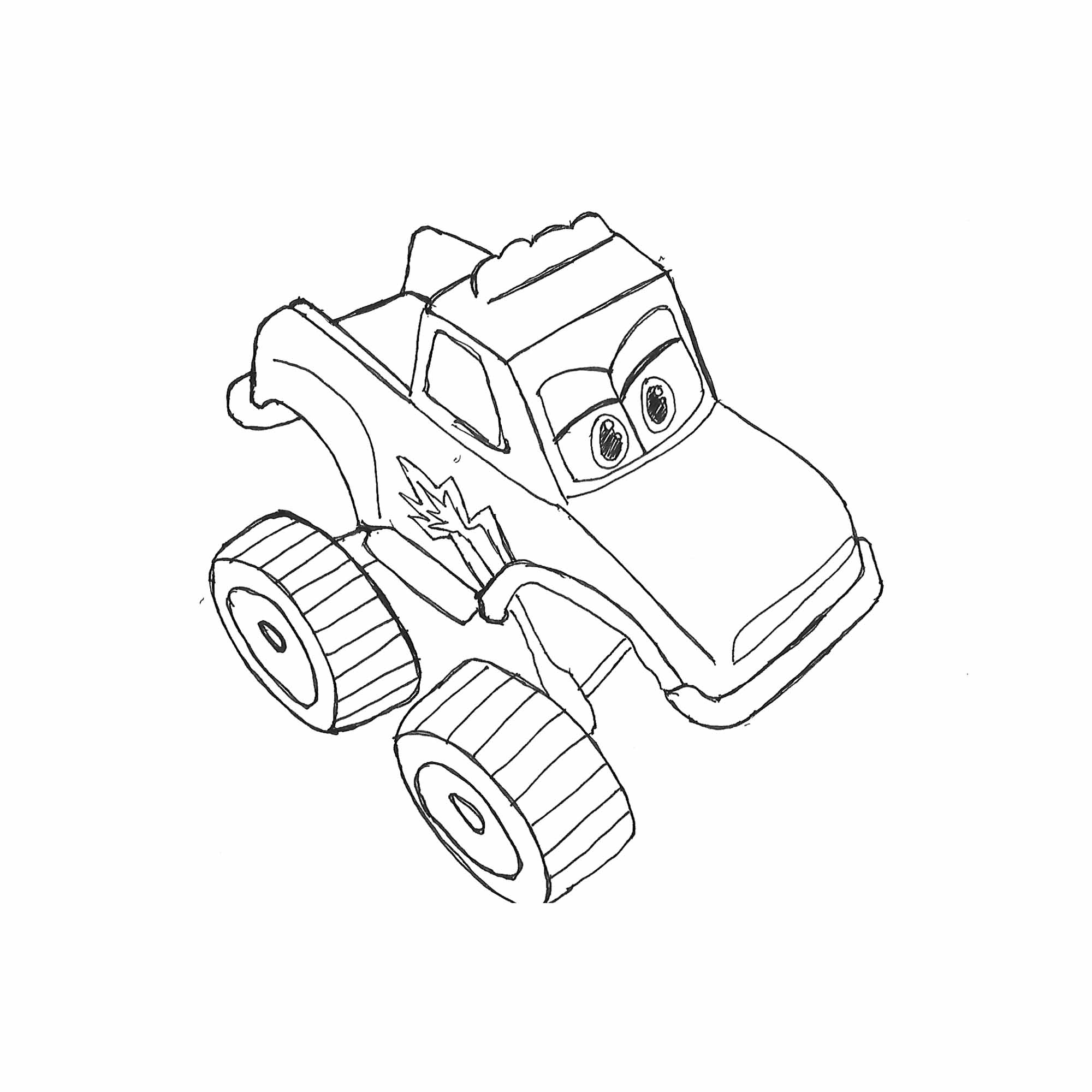 Dessin vu du dessus d'une petite voiture style Monster Truck avec des yeux sur le pare-brise