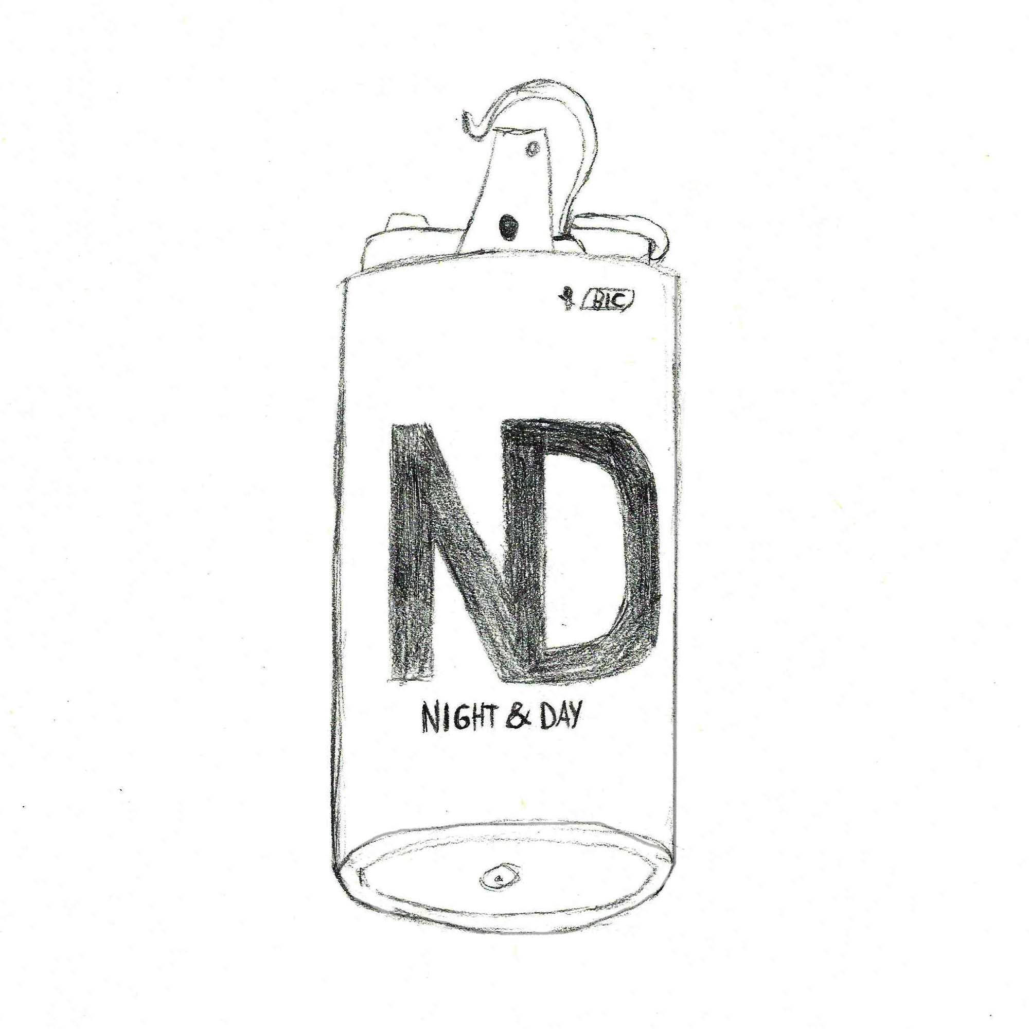Dessin au crayon d'un briquet Bic avec le logo du Night&Day (ND) en grand au milieu