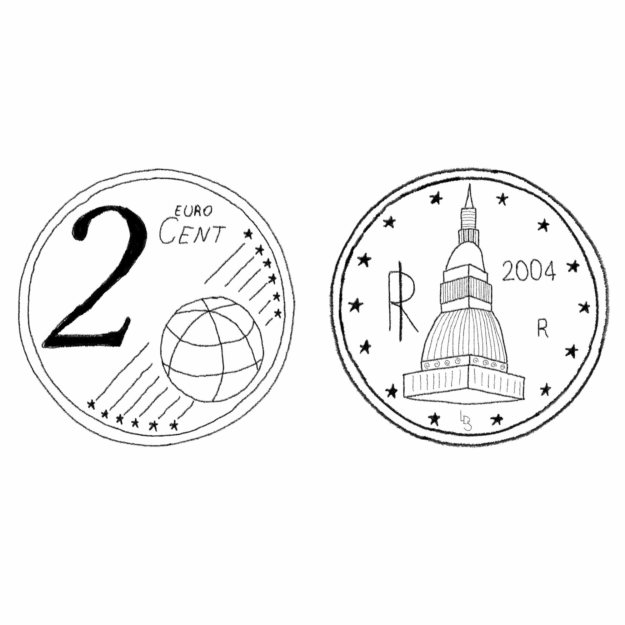 Dessin de face et de revers d'une pièce de deux centimes au trait fin.