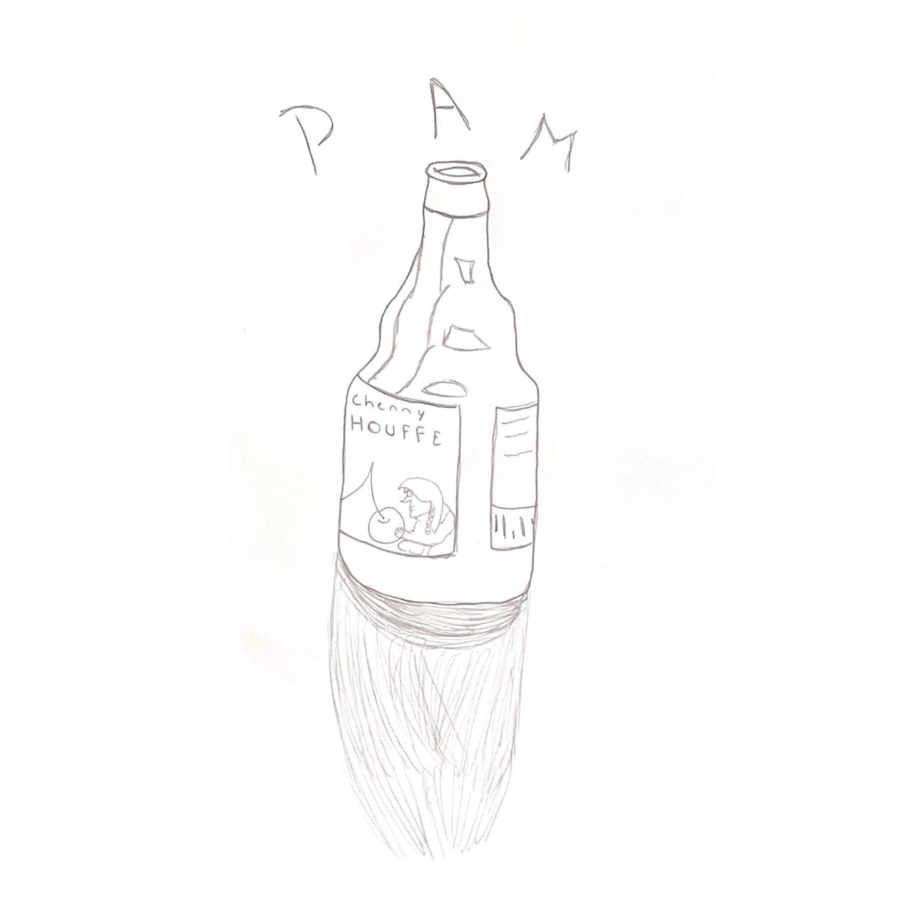 Dessin de face d'une bouteille de Chouffe au crayon avec PAM écrit en majuscules au dessus de la bouteille